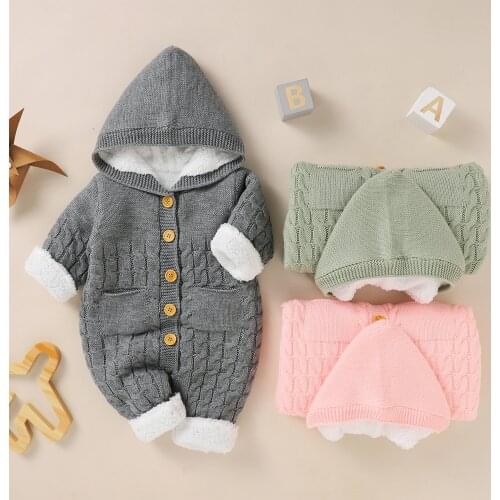 Infant Baby Girls Boys Winter Warm Hooded Jumpsuit, Long Sleeve Button Down Cable Knit Solid Romper