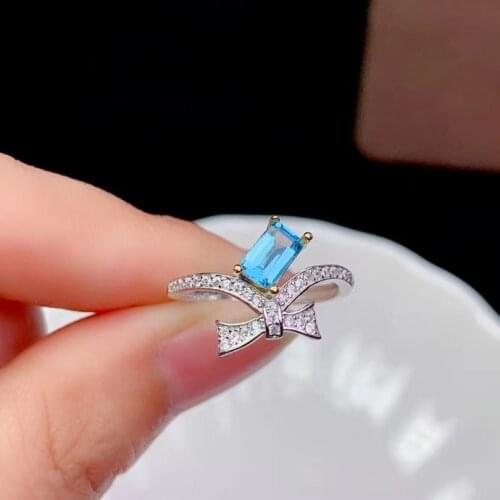 Elegant exquisite bowknot square Natural blue topaz gem Ring S925 Silver Natural Gemstone Ring girl Women party gift Jewelry