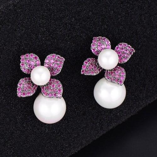 Blachette Delicate Flower Big Pearl Full CZ Dangle Earrings For Bridal Engagement Daily Gathering Anniversary Gorgeous Jewelry