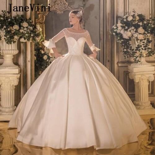 JaneVini Elegant Satin Princess Long Wedding Dresses with Flare Sleeves 2020 Scoop Neck Beaded Ball Gown Bridal Dress Plus Size