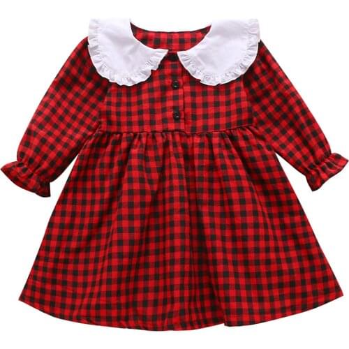 Baby Girl Plaid Dress, Fall Midi, Lace Lapel Collar Buttons Long Sleeved Tight Cuff Flouncing Princess Skirt