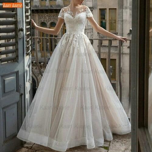 Fashion Boho Wedding Dress 2021 A Line Robe De Soirée O Neck Lace Appliques Tulle Beach Avondjurken Custom Made Gala Bridal Gown