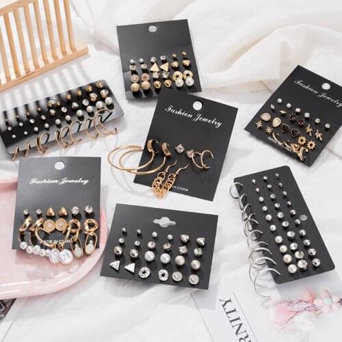 Earrings 2021 Trendy Pearl Gold Color Earrings For Women Womens Earrings Set Bohemian Fashion Jewelry Geometric Crystal Jewelry