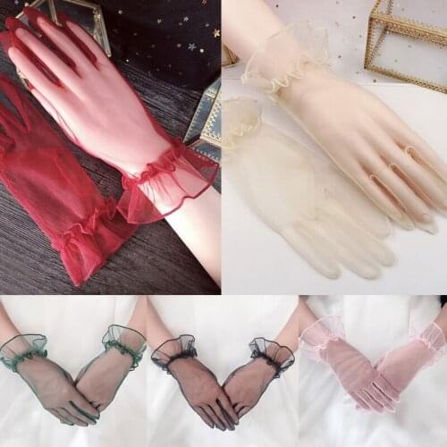 Womens Tulle Ruffled Trim Full Finger Gloves Bridal Wedding Prom Evening Tea Party Vintage Sheer Mesh Solid Color Wrist Length S