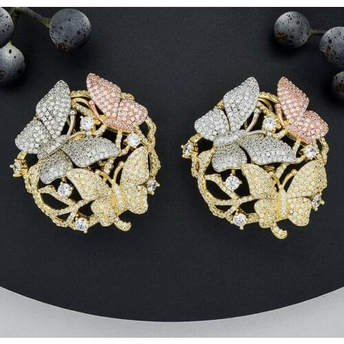 Luxury Floral Petals Luxury Betterfly Full Mirco Paved Microl Copper Zirconia Gold Color Wedding Earring Fashion Jewelry