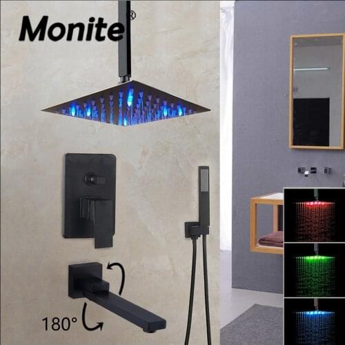 Monite 8 12 16 Inch Matte Black Shower Faucet Rainfall Tub LED Bathtub Rain Square Shower Head Waterfall Shower Faucet Set