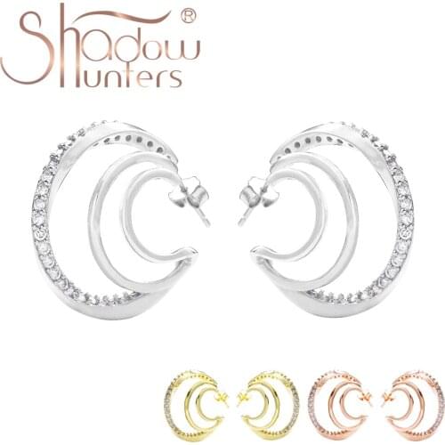 SHADOWHUNTERS 925 Real Sterling Silver Crystal Earrings With CZ Three Rows Big Stud Earrings Woman Luxury Jewelry For Christmas