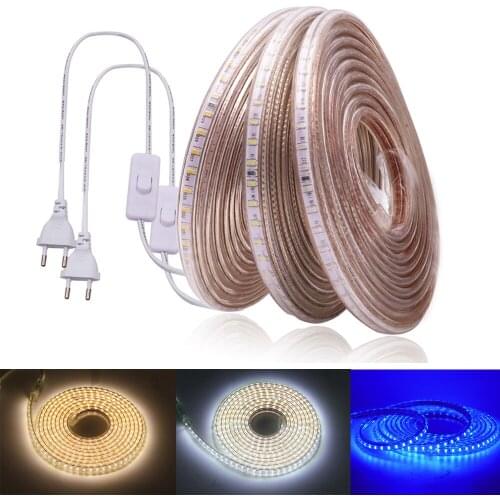 LED Strip AC 220 240V Waterproof IP67 +EU Switch plug White/Warm White/Blue SMD 3014 120LEDs/m LED Light Strip