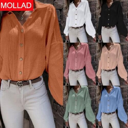 2021 European and American Womens Clothing Autumn and Winter New V-neck Lantern Sleeve Single-Breasted Shirt Top for Women