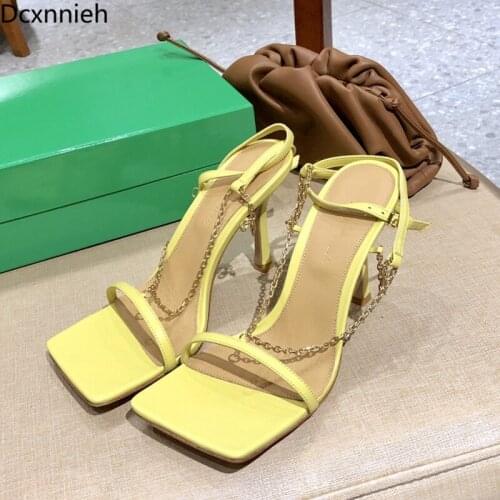 New Metal Chain Thin High Heels Women Sandals Summer Gladiator Sandals Square Toe One Strap Sandalias Mujer Catwalk Shoes Woman
