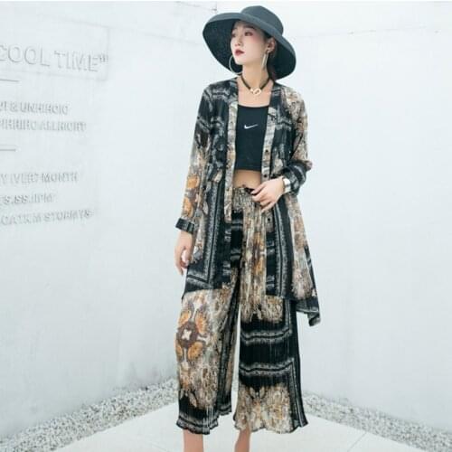 QING MO Vintage Women Chiffon Set 2020 Summer Women V Neck Single Breasted Blouse + Pleated Wide Leg Pants ZQY4701