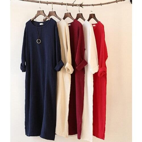 9 Color Women Autumn Winter Dress Comfortable Cotton linen Long Sleeve dressirts,Casual Vestido De Festa,plus size tops S-6XL