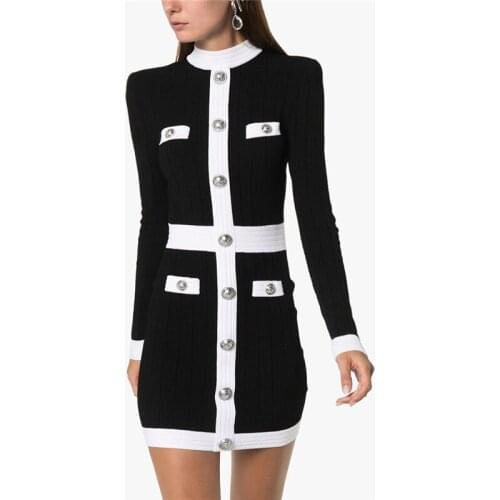 2019 European Runway Designer Dress Women Autumn Elegant Single-breasted Patchwork Knitted Dress A-line Long Sleeve Mini Dress