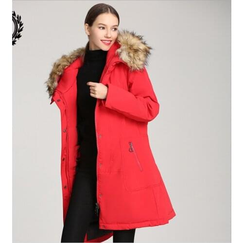 Winter women Red coat long slim female Army green jacket fur collar brand clothing thick warm windproof parka Outwear Overcoats