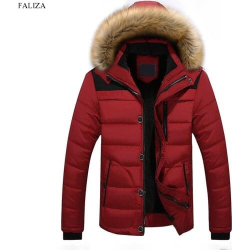 FALIZA Plus Size 6XL Winter Mens Polyester Down Jacket Mens Warm Thick Parka Cotton Parka With Fur Hood Men Outwear Jacket MY002