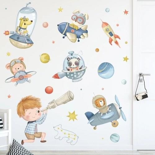 Astronaut Space Exploration Cartoon Animal Pilot Kids Room Wall Decor Vinyl PVC Wall Decals for Home Decoration Nursery Murals