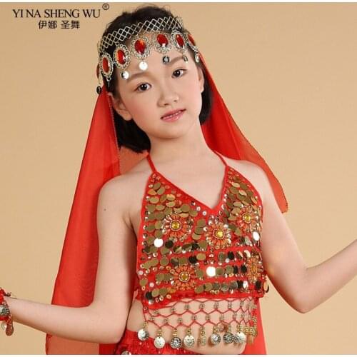 Kids Professional Competition Belly Dance Top 2 Style 5 Colors Sequins Gold/Sliver Coins Top Girls Dance Clothes Top Bra New
