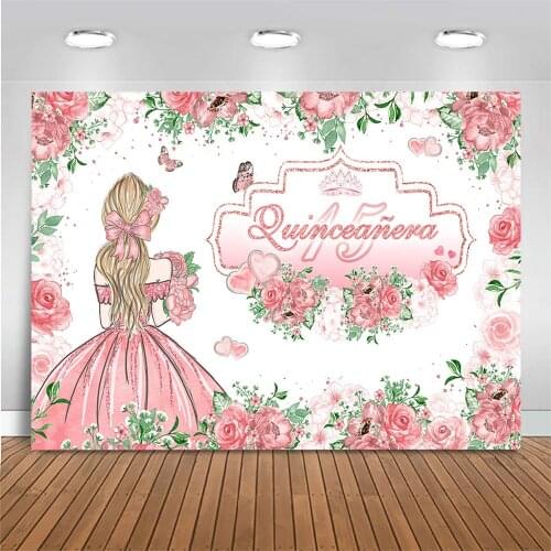 15th Birthday Backdrop Girl Princess Pink Rose Green Leaf Photography Background Birthday Party Banner Photo Backdrop Photoshoot