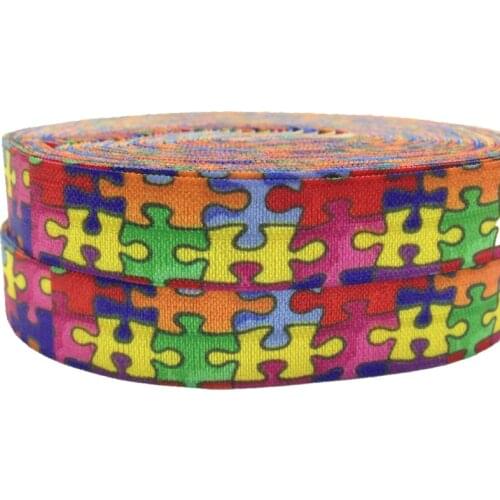 Hot Sale Autism Awareness Puzzle Print Fold Over Elasitc 5/8'' 10Y Colorful FOE Ribbon for DIY Headwear Gift Webbing Accessory