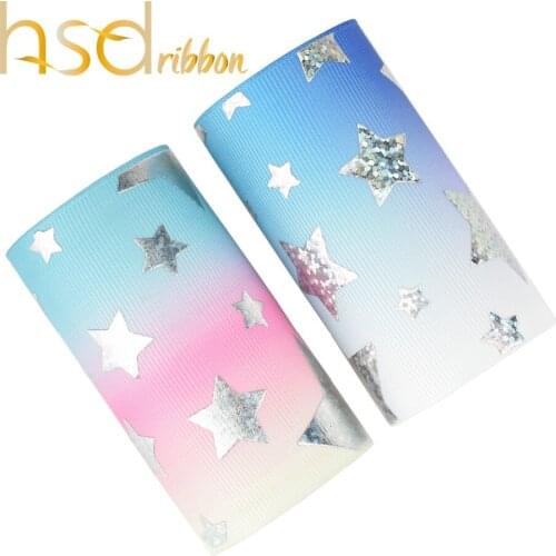 HSDRibbon 3" 75mm star silver Foil Printed on HT Grosgrain Ribbon 50Yards/Roll