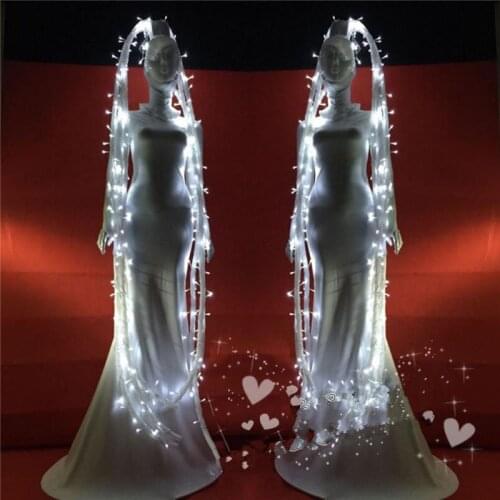 Ballroom dance costumes led costume stage catwalk singer wears party women dresses dj hair cosplay clothes white led light wigs