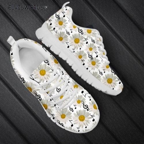 ELVISWORDS Musical Notes and White Daisies Pattern Breathable Sneakers for Women Ladies Leisure Walking Shoes schoenen vrouw