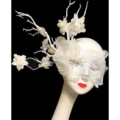 Bar Party Nightclub Prom Women White Branch Mask Match Stage Masked Singer Performance Show Pearl Masks Halloween Cosplay Mask