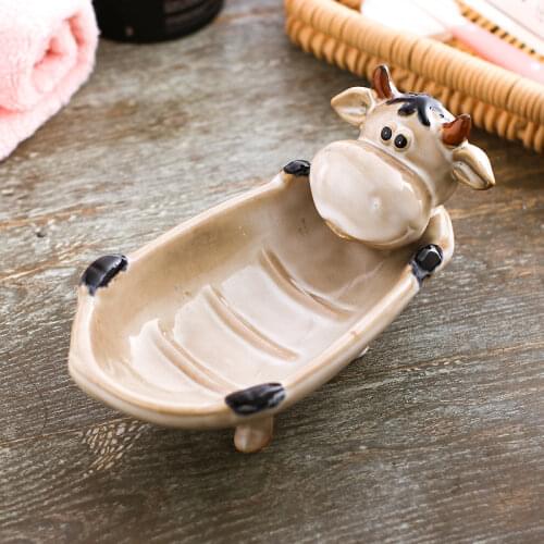 Cute cartoon bathroom ceramic soap holder multi-functional home small change storage plate creative animal tabletop fruit tray