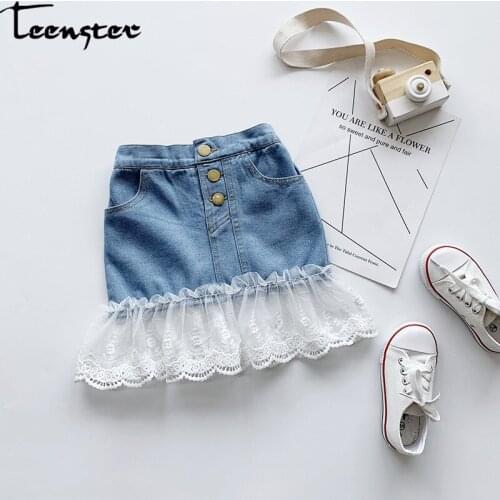 Teenster Fashion Girls Skirt Lace Patchwork Skirt Korean Cute Denim Skirt Little Children Skirts Toddler Children Costume