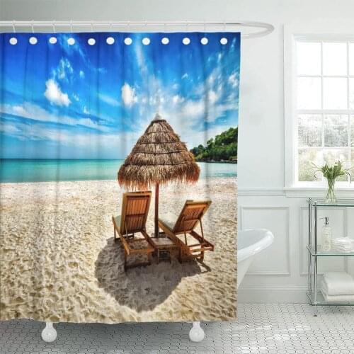 Vacation Holidays Two Beach Lounge Chairs Under Tent Shower Curtain Waterproof Fabric 60 x 72 Inches Set with Hooks