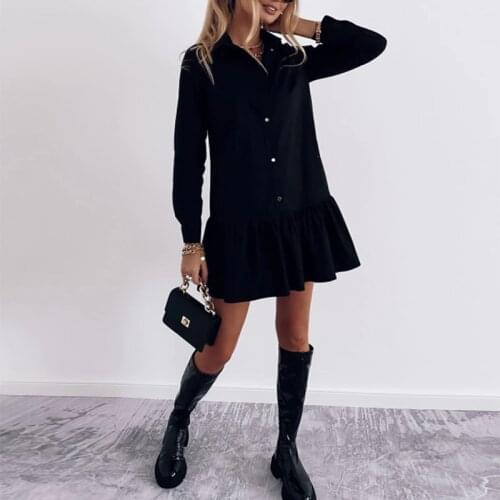 Spring Long Sleeve Pleated Shirt Dress Women Turn Down Collar Casual Single Breasted Dress Female Ruffles A Line Office Vestidos
