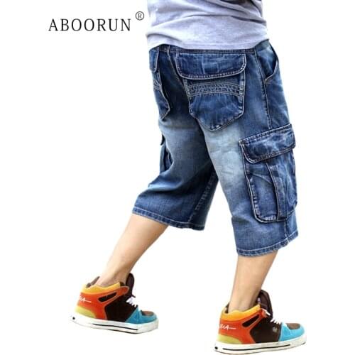 ABOORUN Mens Plus Size Loose Baggy Denim Shorts Fashion Streetwear Hip Hop Skateboard Cargo Jeans Short for Male R1402