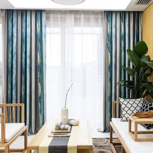 Blue Ink Painting Modern Simple Thicken Curtains for Living Room Bedroom New Chinese Cotton Hemp Printed Curtains Tulle Custom