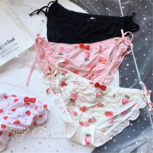 SP&CITY Japanese Sweet Strawberry Print Sexy Underwear Women Lacing Up Ruffles Bow Panties Milk Silk Girl Briefs Female Lingerie