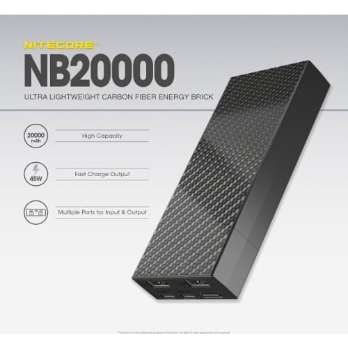 Interwoven Carbon Fiber Sheets Nitecore NB20000 QC USB 4 Port 20000mAh Power Bank