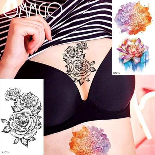 OMMGO Watercolor Henna Lotus Buddha Temporary Tattoos Sticker Rose Flower Fake Tatoos Flora Leaf Custom Tattoo Body Art Arm