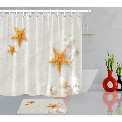 Clean Beach Yellow Starfish White Conch Cute Shell Shower Curtain Liner and Mat Set Bathroom Waterproof Fabric for Bathtub Decor