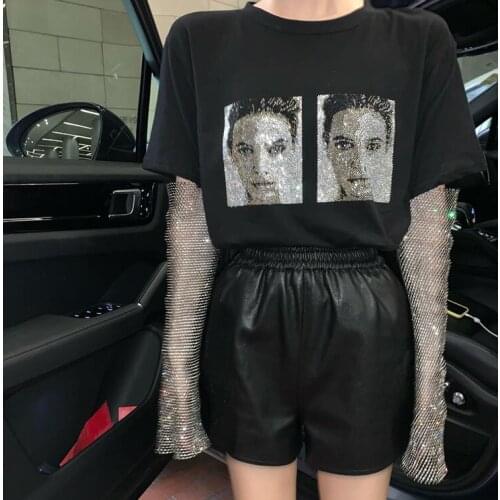 Heavy Work Sequined Patchwork short sleeves T Shirt O Neck Casual Autumn Spring New 2021 Tee Character Pattern Ladies Top