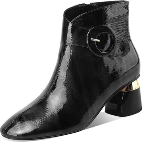 Autumn Winter Quality Cow Patent Leather Women Ankle Boots Night Club Shoes Woman Zipper High Heel Short Boots Size 40 41