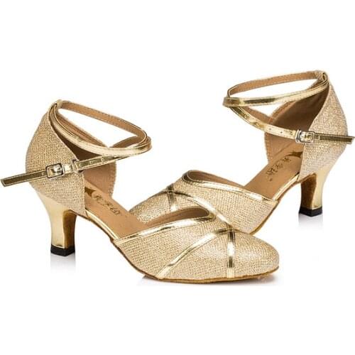 Wholesale New Ladies Gold Glitter Ballroom LATIN SALSA Tango Dance Shoes Heels Bachata Dance Shoes Suede Sole for Ballroom