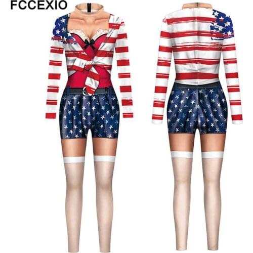 FCCEXIO 2021 Independence Day Pattern 3D Print Sexy Bodysuits Women Plus Size Long Sleeve Cosplay New Jumpsuit Party