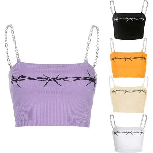 Women Metal Chain Spaghetti Strap Crop Top Abstract Graphic Ribbed Camis Vest
