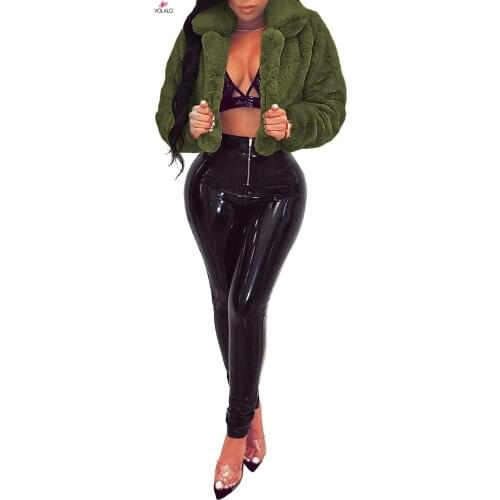 Women Solid Color Long Sleeve Shaggy Lapel Faux Fur Coat Short Jacket Outwear Warm Winter