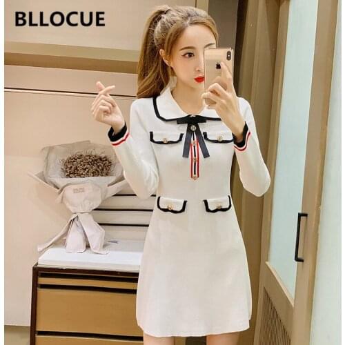 BLLOCUE 2019 Autumn Winter High Quality Knitted Dress Fashion Women Hit Color Turn-Down Collar Long Sleeve Bow Black Knit Dress