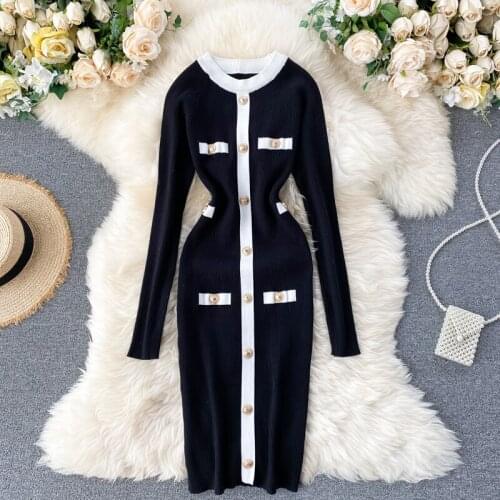 2020 Brand Design Buttons Vintage Knitted Dress Women Autumn Winter Knee-length Bodycon Dress Elegant Ladies Dresses