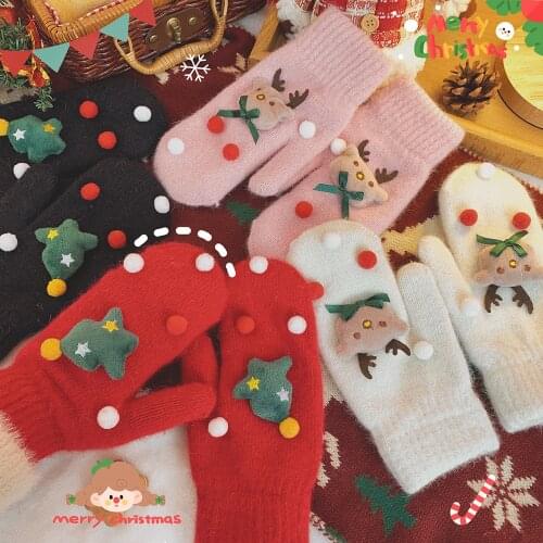 1Pair Cartoon Christmas Tree Elk Winter Knitted Gloves Cute New Christmas Gift Full Finger Plush Riding Gloves for Women Girl