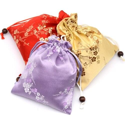 3pcs Cherry blossoms Pattern Small Drawstring Bags for Jewelry Packaging Gift Pouch Bunk Silk Satin Storage Pocket Sachet