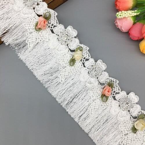 20X White Diamond Rhinestones 3D Flower Tassel Lace Trim Fringe Ribbon Fabric Embroidered DIY Sewing Craft Wedding Dress Clothes