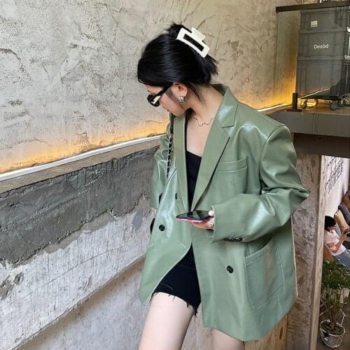 Vintage Women Bean Green Faux Leather Blazers Autumn Loose Casual Notched Collar Big Pocket Long Sleeve Suit Jacket Veste Femme