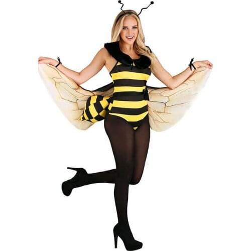Bumble Bee Cosplay Yellow Stripe Bee Jumpsuit Halloween insect Costume For Adult Women Carnival Party Fancy Dress with Wings